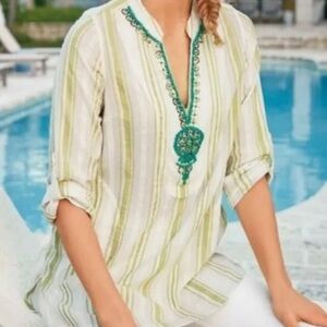 SOFT SURROUNDINGS Elisha Turquoise Beaded Cotton Stripe Tunic Top Blouse M